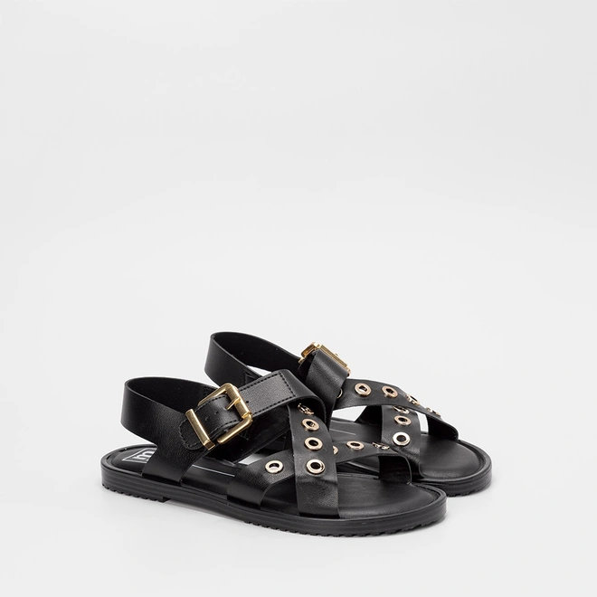 Sandália Rasteira Feminina Moleca Tiras Cruzadas Detalhe Ilhós Preto