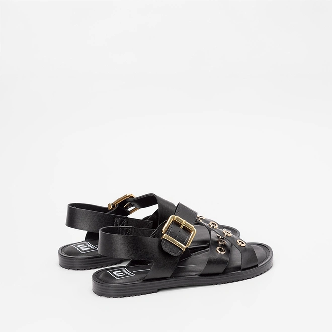 Sandália Rasteira Feminina Moleca Tiras Cruzadas Detalhe Ilhós Preto