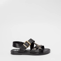 Sandália Rasteira Feminina Moleca Tiras Cruzadas Detalhe Ilhós Preto