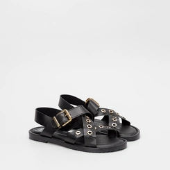 Sandália Rasteira Feminina Moleca Tiras Cruzadas Detalhe Ilhós Preto