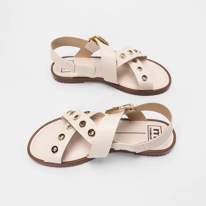 Sandália Rasteira Feminina Moleca Tiras Cruzadas Detalhe Ilhós Off White