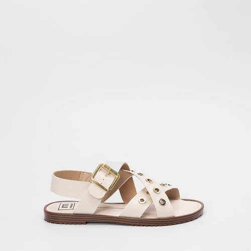 Sandália Rasteira Feminina Moleca Tiras Cruzadas Detalhe Ilhós Off White