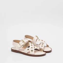 Sandália Rasteira Feminina Moleca Tiras Cruzadas Detalhe Ilhós Off White