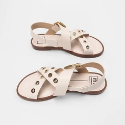 Sandália Rasteira Feminina Moleca Tiras Cruzadas Detalhe Ilhós Off White