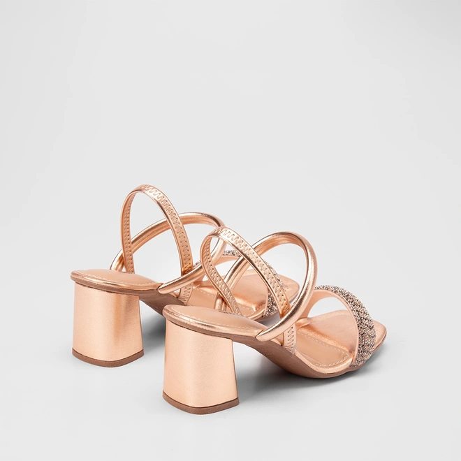 Sandália Feminina Dakota Salto Bloco Médio Tira Strass Metalizado Rose Gold