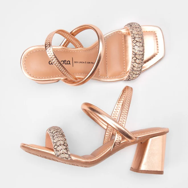 Sandália Feminina Dakota Salto Bloco Médio Tira Strass Metalizado Rose Gold