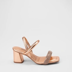 Sandália Feminina Dakota Salto Bloco Médio Tira Strass Metalizado Rose Gold