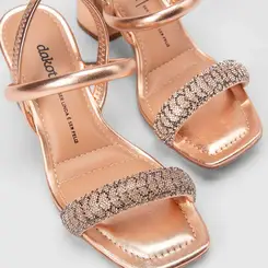 Sandália Feminina Dakota Salto Bloco Médio Tira Strass Metalizado Rose Gold