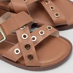 Sandália Rasteira Feminina Moleca Tiras Cruzadas Detalhe Ilhós Caramelo
