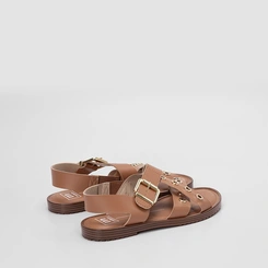 Sandália Rasteira Feminina Moleca Tiras Cruzadas Detalhe Ilhós Caramelo