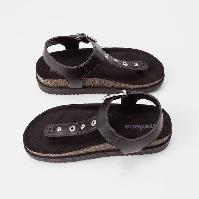 Sandália Feminina Moleca Detalhe Ilhós & Pedraria Preto