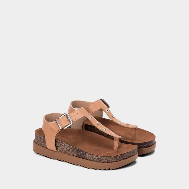 Sandália Feminina Moleca Detalhe Ilhós & Pedraria Nude
