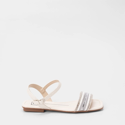 Sandália Rasteira Feminina Moleca Detalhe Strass & Pedraria Off White