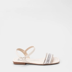 Sandália Rasteira Feminina Moleca Detalhe Strass & Pedraria Off White