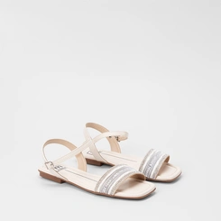 Sandália Rasteira Feminina Moleca Detalhe Strass & Pedraria Off White