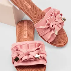 Rasteira Feminina Moleca Tira Larga Detalhe Laço Rosa