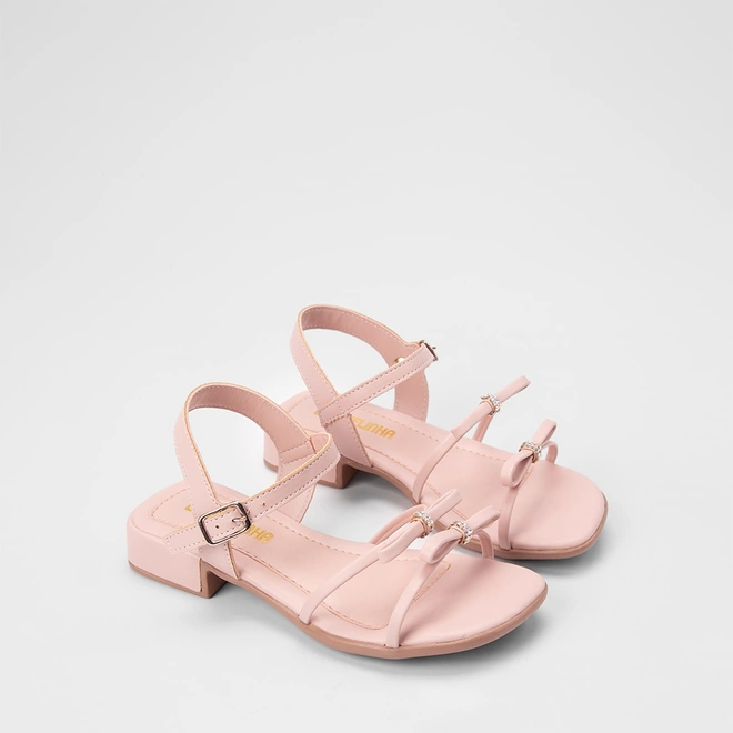 Sandália Infantil Gabrielinha Salto Bloco Laço Duplo & Strass Nude