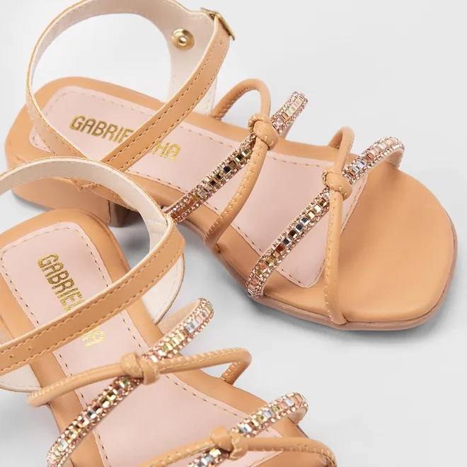 Sandália Infantil Gabrielinha Salto Bloco Detalhe Nó & Strass Caramelo