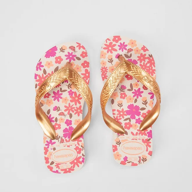 Chinelo Infantil Havaianas Floral Original Metalizada Bege