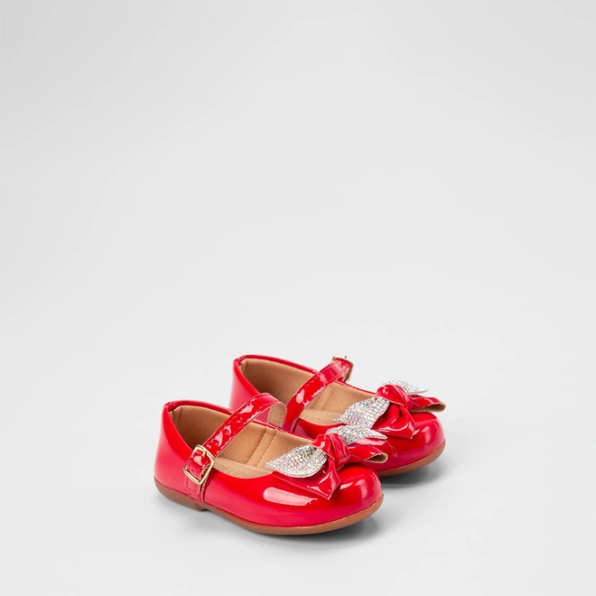 Sapatilha Boneca Bebê Gabrielinha Duplo Laço Strass & Verniz Vermelho