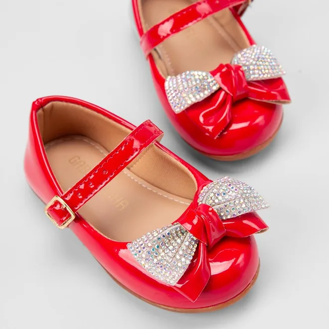 Sapatilha Boneca Bebê Gabrielinha Duplo Laço Strass & Verniz Vermelho