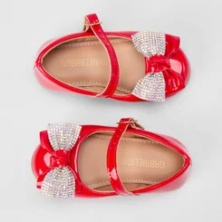Sapatilha Boneca Bebê Gabrielinha Duplo Laço Strass & Verniz Vermelho