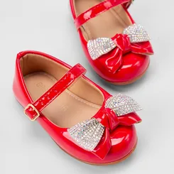 Sapatilha Boneca Bebê Gabrielinha Duplo Laço Strass & Verniz Vermelho