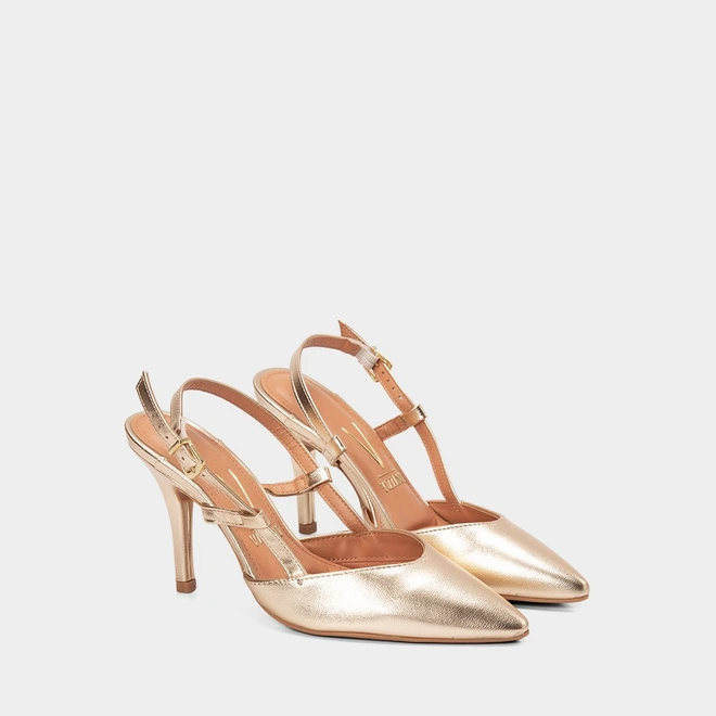Scarpin Slingback Feminino Vizzano Salto Alto Fino Metalizado Ouro