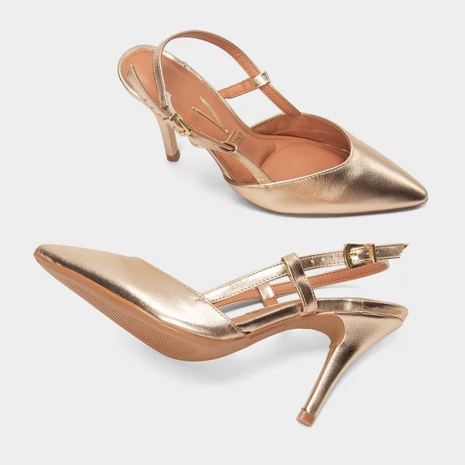 Scarpin Slingback Feminino Vizzano Salto Alto Fino Metalizado Ouro