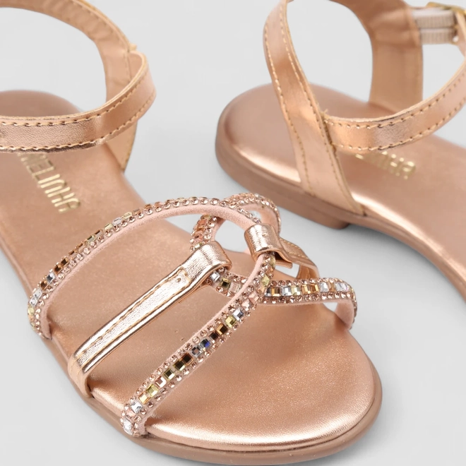 Sandália Rasteira Gabrielinha Detalhe Strass Metalizado Rose Gold