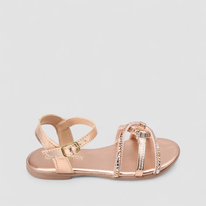 Sandália Rasteira Gabrielinha Detalhe Strass Metalizado Rose Gold
