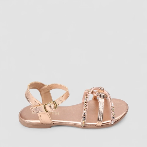 Sandália Rasteira Gabrielinha Detalhe Strass Metalizado Rose Gold