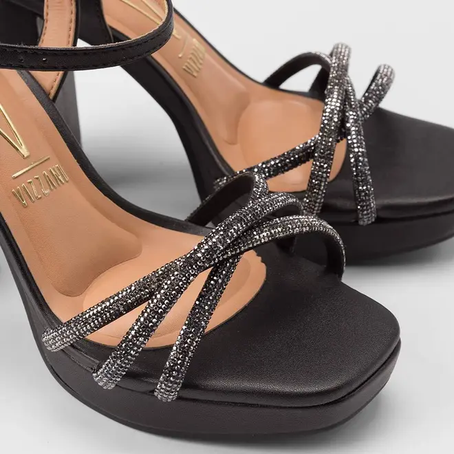 Sandália Feminina Vizzano Original Meia Pata Tiras Cruzadas Strass Preto
