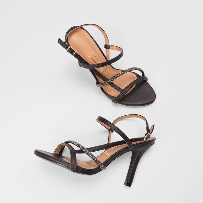 Sandália Feminina Vizzano Original Salto Fino Alto Strass Preto