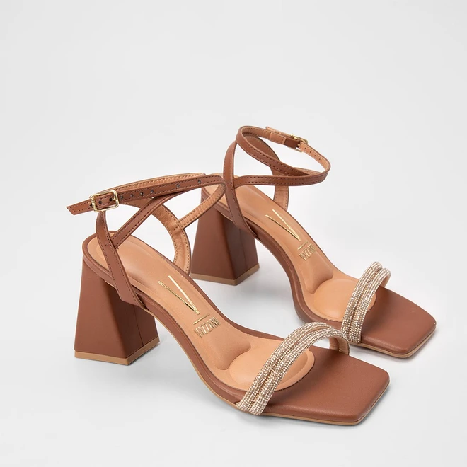 Sandália Feminina Vizzano Original Salto Alto Tiras Strass Marrom