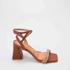 Sandália Feminina Vizzano Original Salto Alto Tiras Strass Marrom