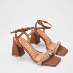 Sandália Feminina Vizzano Original Salto Alto Tiras Strass Marrom