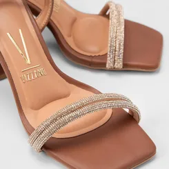 Sandália Feminina Vizzano Original Salto Alto Tiras Strass Marrom