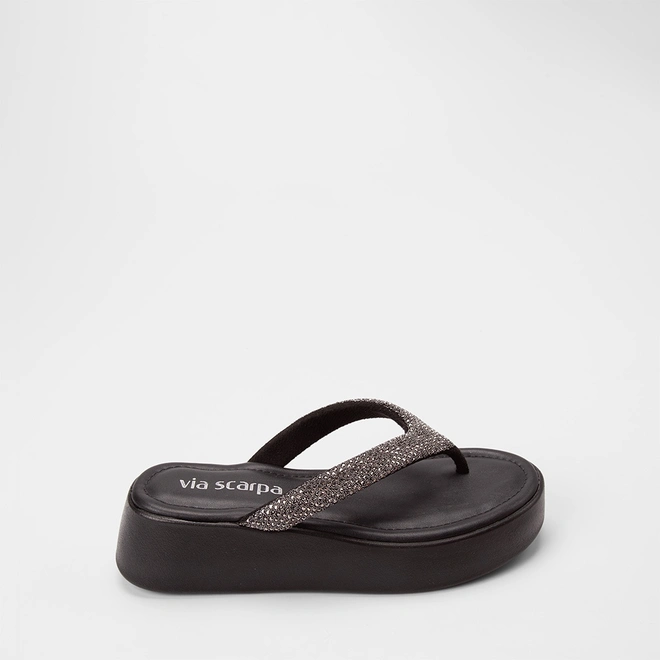 Tamanco Feminino Via Scarpa Flatform Tiras Strass Preto