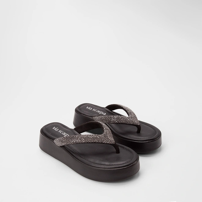 Tamanco Feminino Via Scarpa Flatform Tiras Strass Preto
