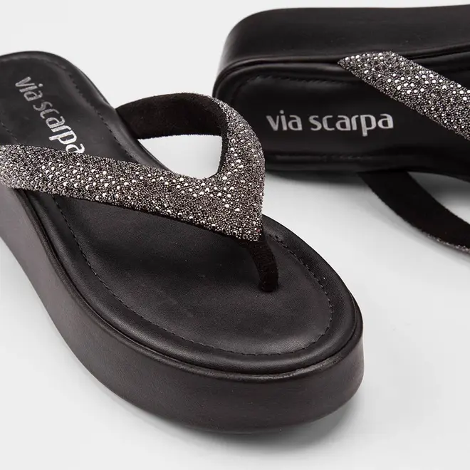 Tamanco Feminino Via Scarpa Flatform Tiras Strass Preto