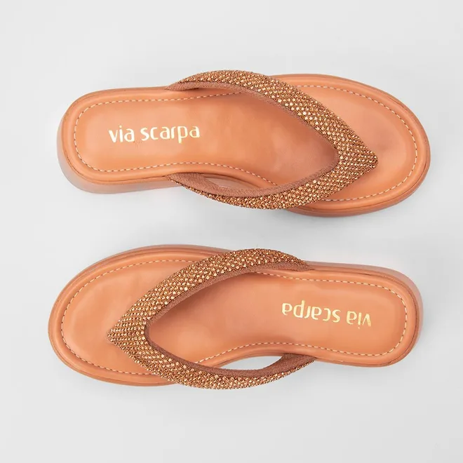 Tamanco Feminino Via Scarpa Flatform Tiras Strass Caramelo
