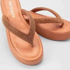 Tamanco Feminino Via Scarpa Flatform Tiras Strass Caramelo