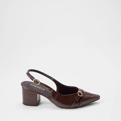 Scarpin Slingback Feminino Gabriela Enfeite Fivela Verniz Marrom