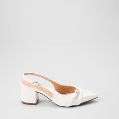 Scarpin Slingback Feminino Gabriela Enfeite Fivela Verniz Branco