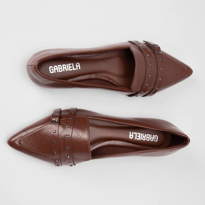 Sapatilha Feminina Gabriela Enfeite Fivela & Tachas Marrom