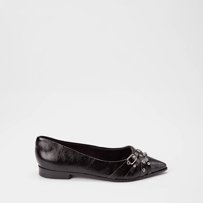 Sapatilha Feminina Gabriela Multitiras Fivela Detalhe Ilhós & Tachas Preto