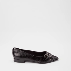 Sapatilha Feminina Gabriela Multitiras Fivela Detalhe Ilhós & Tachas Preto