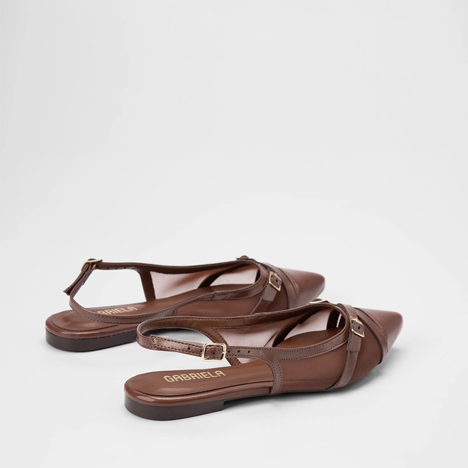 Sapatilha Slingback Feminina Gabriela Enfeite Fivela Em Tela Marrom