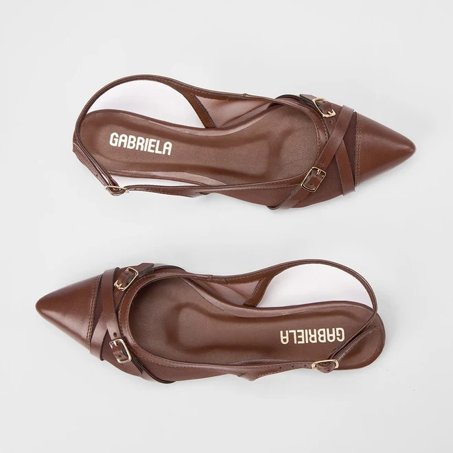 Sapatilha Slingback Feminina Gabriela Enfeite Fivela Em Tela Marrom